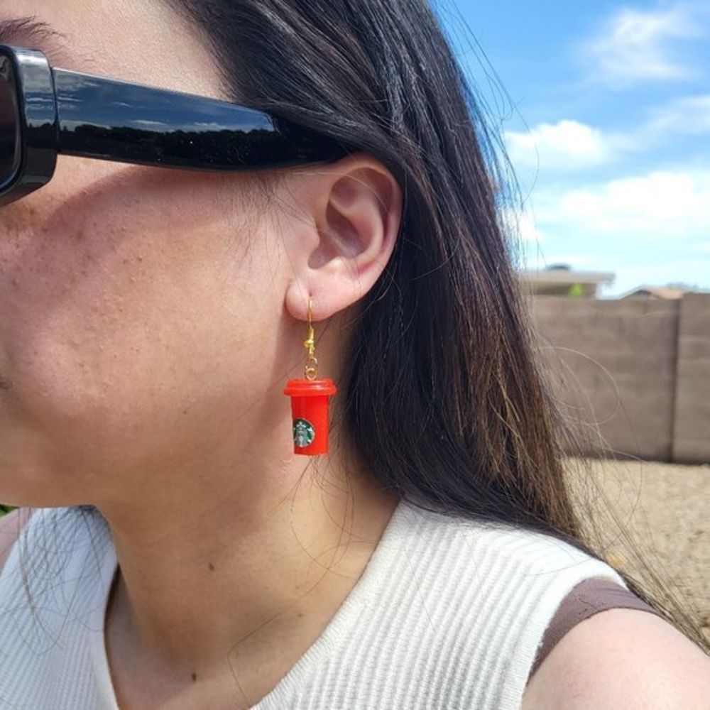 Women's Starbucks Red Cup Dangle Drop Earrings, Coffee Fashion Jewelry